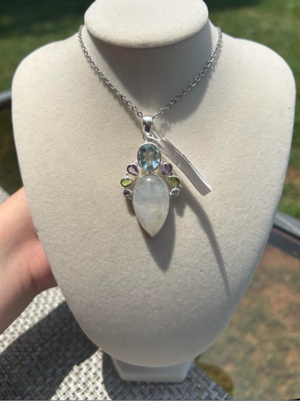 Sterling Silver Multi-Gem Teardrop Necklace with Rainbow Accents - White/Blue